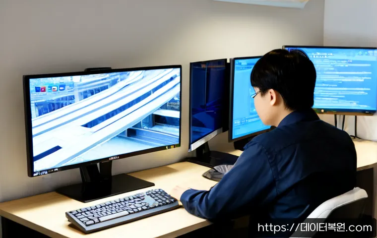 회기동 PAGE_FAULT_IN_NONPAGED_AREA - Photorealistic IT support workstation in a compact Hoegi-dong apartment office, dual monitors with a...