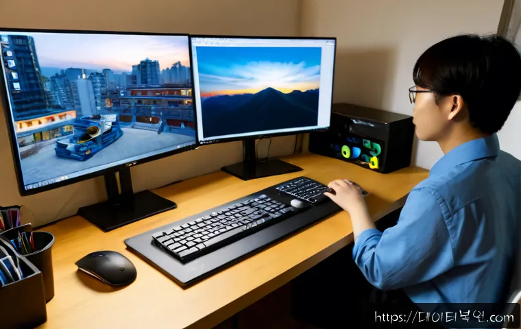 숭인동 STATUS_SYSTEM_FILE_MISSING - Photorealistic remote-support workstation in a compact Seoul apartment office, dual monitors showing...