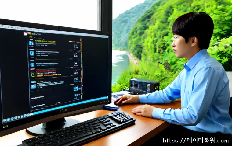 행주동 STATUS_KERNEL_MEMORY_LEAK - Photorealistic IT support workstation in Hangju-dong, dual monitors showing a brandless system diagn...