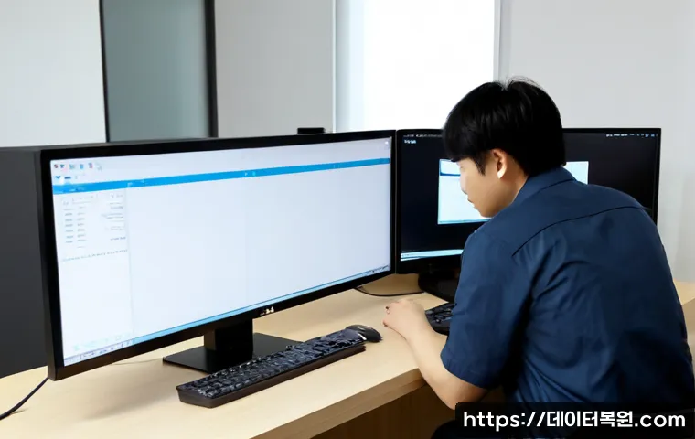 율현동 입력신호가 없습니다 - Photorealistic remote-support workstation in a modern Yulhyeon-dong apartment office, dual monitors ...