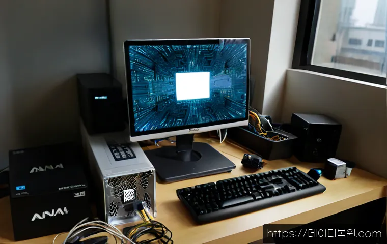 안암동 STATUS_DISK_READ_FAILURE - Photorealistic computer repair workstation in a compact Anam-dong apartment studio, open desktop tow...