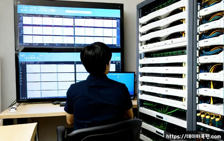 대조동 네트워크구축 설정 및 세팅오류해결 - Photorealistic IT technician configuring a compact office network rack in a modern Daejodong-style w...