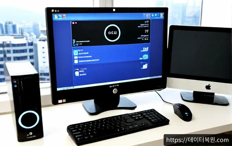 토정동 STATUS_DISK_READ_FAILURE - Photorealistic remote-support workstation in a compact Tokjeong-dong office, dual monitors showing a...