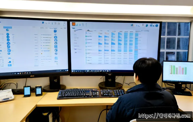 창성동 자동복구 - Photorealistic remote-support workstation in a compact Changseong-dong office, dual monitors showing...