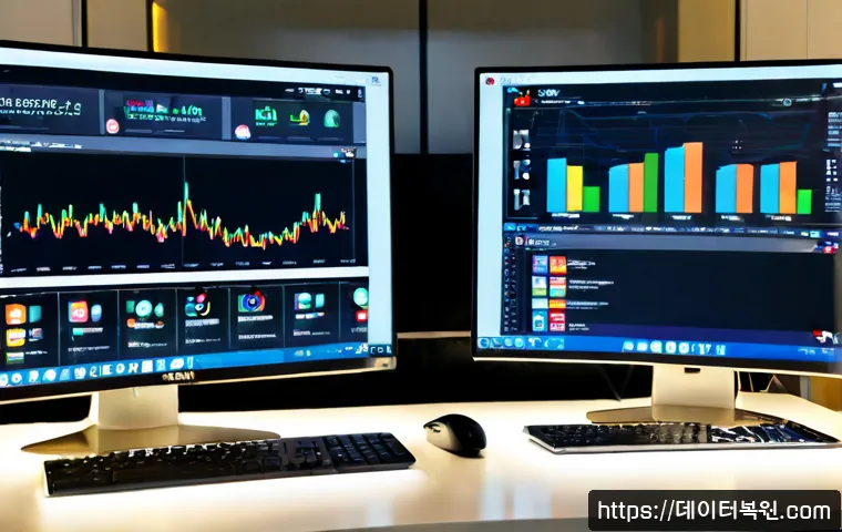역삼동 DEVICE_DRIVER_MISMATCH - Photorealistic IT support workstation in a modern Yeoksam-dong office tower, dual monitors showing a...