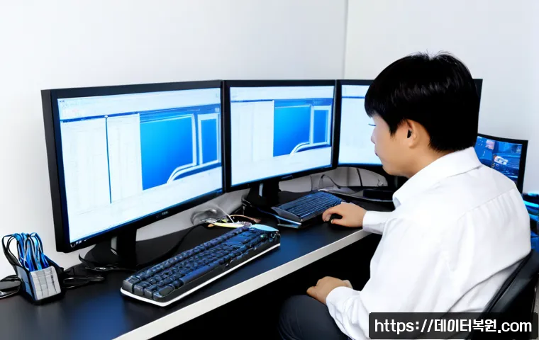 산천동 THREAD_STUCK_IN_DEVICE_DRIVER - Photorealistic IT support workstation in a compact Sancheon-dong apartment office, dual monitors sho...