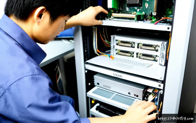 고양시 하드조립 및 교체수리 - Photorealistic computer repair bench in Ilsan, Goyang, technician carefully replacing a graphics car...