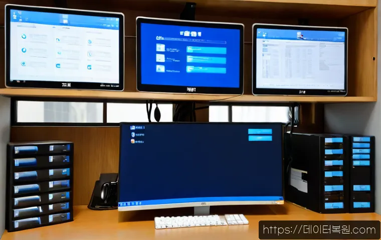 훈정동 STATUS_KERNEL_FILE_SYSTEM_ERROR - Photorealistic IT support workstation in a compact historic-district office near Jongno, dual monito...