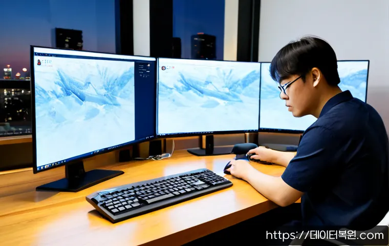 압구정동 STATUS_KERNEL_THREAD_TIMEOUT - Photorealistic premium workstation in an upscale Apgujeong-inspired design studio, dual monitors sho...