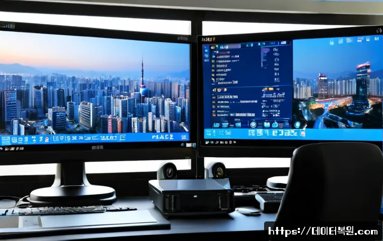용산동 UNEXPECTED_KERNEL_MODE_TRAP - Photorealistic IT support workstation in Yongsan-dong, dual monitors showing a blank blue system cra...
