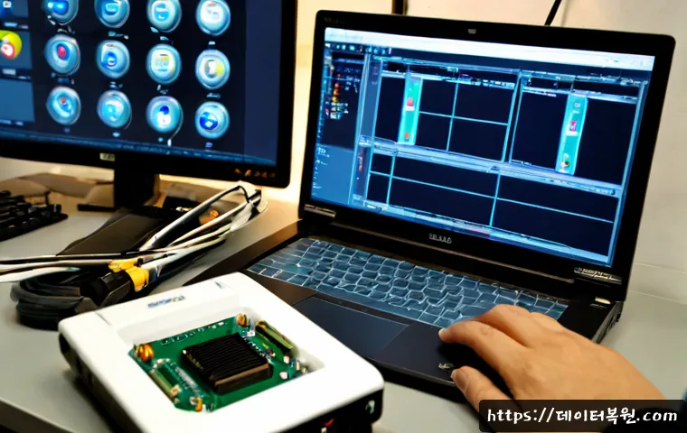 수표동 THREAD_TERMINATION_PORT - Photorealistic remote-support workstation in a compact Euljiro-style office, technician examining a ...
