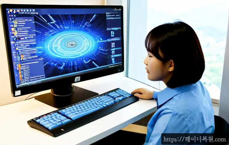 회현동 STATUS_KERNEL_THREAD_FAILURE - Photorealistic IT support workstation in a compact Hoehyeon-dong office, dual monitors showing a non...