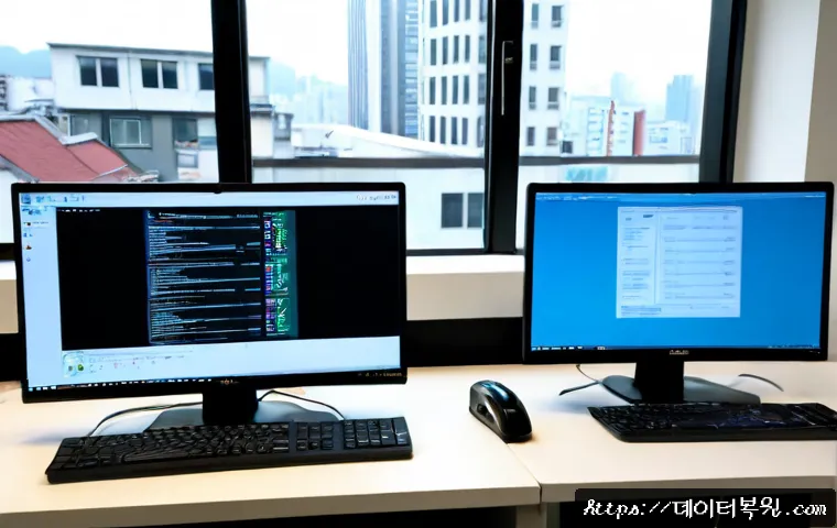 군자동 SESSION5_INITIALIZATION_FAILED - Photorealistic IT support workstation in a compact apartment office near Gunja-dong, dual monitors s...