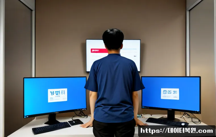 마장동 pc에 문제가 발생하여 다시 시작해야 합니다 - Photorealistic desktop support scene in a compact Majang-dong market office, dual monitors showing a...