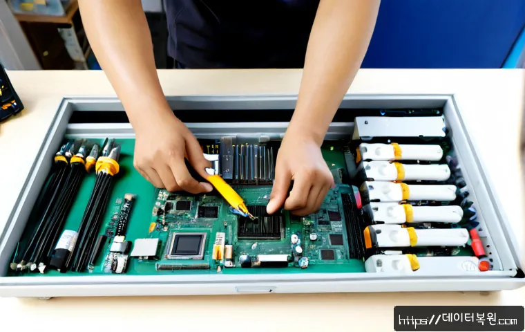 효자동 메인보드조립 및 교체수리 - Photorealistic electronics repair workstation in Hyoja-dong, technician carefully installing a new m...