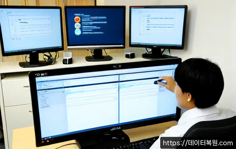 옥길동 STATUS_PAGE_FAULT - Photorealistic remote-support workstation in a modern Okgil-dong apartment office, dual monitors sho...