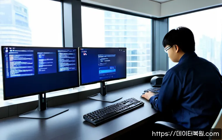 강동구 STATUS_KERNEL_POWER_FAILURE - Photorealistic IT support workstation in a modern Gangdong-gu office, dual monitors showing a dark b...