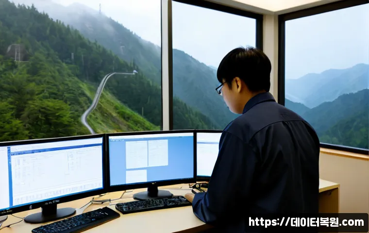 가평군 STATUS_RESOURCE_NOT_OWNED - Photorealistic remote IT support workstation in a quiet mountain county office, dual monitors showin...