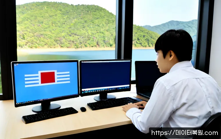 청평면 STATUS_MEMORY_ACCESS_DENIED - Photorealistic remote-support workstation in a lakeside Cheongpyeong office, technician studying a b...