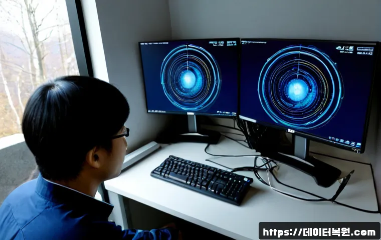 지축동 STATUS_KERNEL_CONNECTION_TIMEOUT - Photorealistic IT support workstation in a quiet suburban apartment near low wooded hills, dual moni...