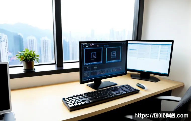 천왕동 STATUS_ILLEGAL_INSTRUCTION - Photorealistic remote-support workstation in a quiet apartment near Cheonwang-dong, dual monitors di...