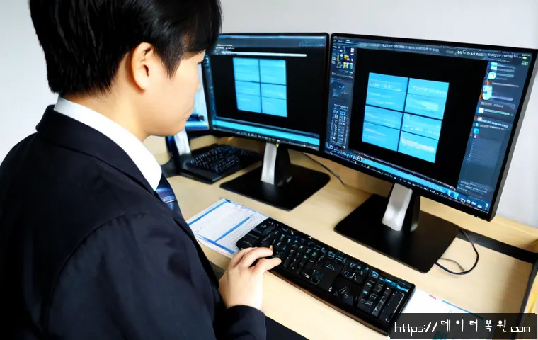 동화동 STATUS_FILE_CORRUPTION - Photorealistic IT support workstation in a compact Donghwa-dong office, dual monitors showing abstra...