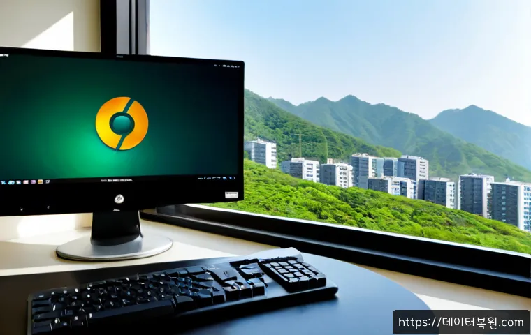 관악구 UNMOUNTABLE_BOOT_VOLUME - Photorealistic IT support workstation in Gwanak District, Seoul, a desktop monitor showing a dark bl...