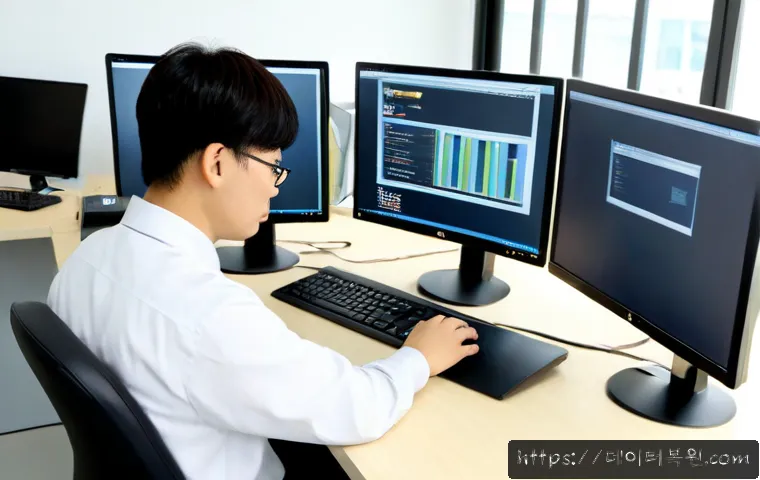 중앙동 STATUS_IMAGE_ACCESS_DENIED - Photorealistic IT support workstation in a compact Jungang-dong office, dual monitors showing abstra...