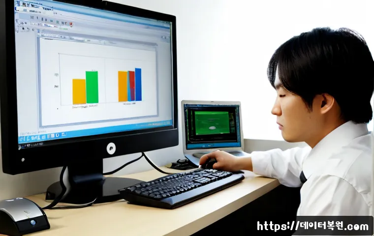 휘경동 FAT_FILE_SYSTEM - Photorealistic IT support workstation in a compact East Asian neighborhood office, technician examin...