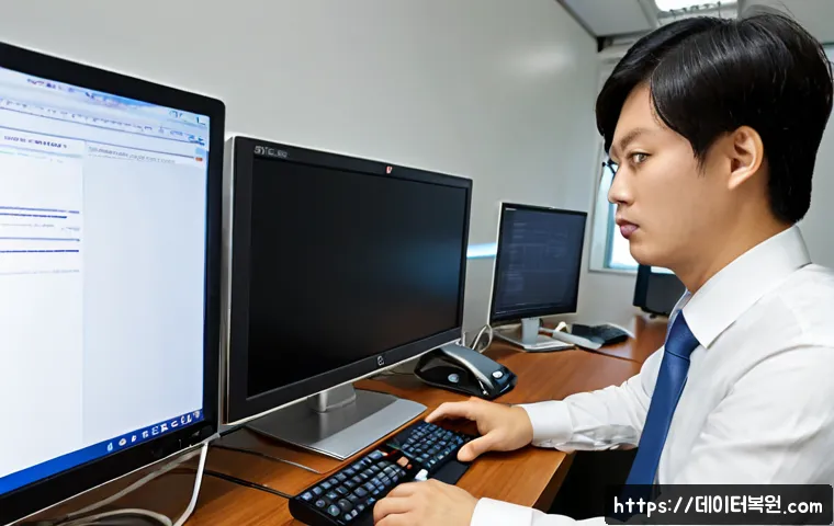 당주동 STATUS_CONNECTION_REFUSED - Photorealistic remote support workstation in a compact Seoul office near Dangju-dong, frustrated IT ...