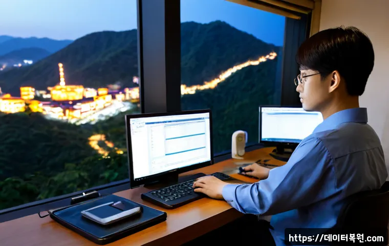 상도동 STATUS_FILE_CORRUPTION - Photorealistic remote-support workstation in a compact Sangdo-dong apartment office, dual monitors s...