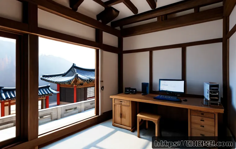 팔판동 STATUS_PRIVILEGED_INSTRUCTION - Photorealistic remote-support workstation in a quiet Palpan-dong inspired hanok courtyard office, de...
