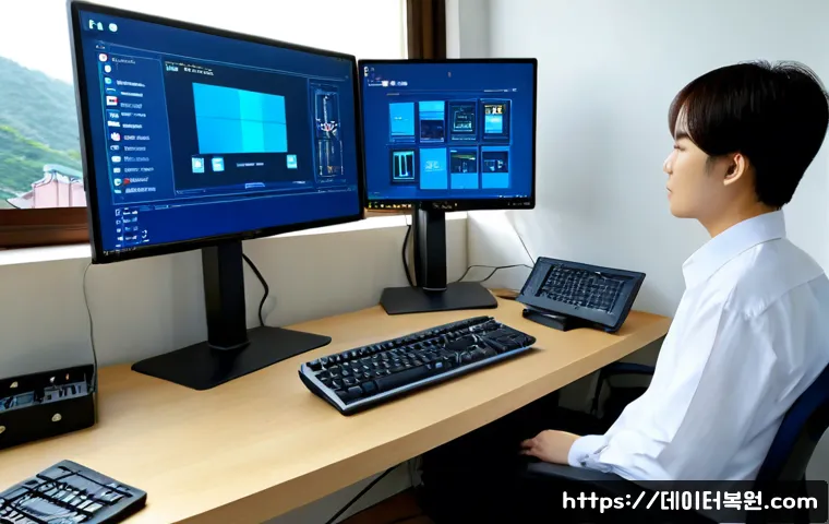 삼선동 STATUS_KERNEL_APC_PENDING - Photorealistic IT support workstation in a compact hillside neighborhood office, dual monitors showi...