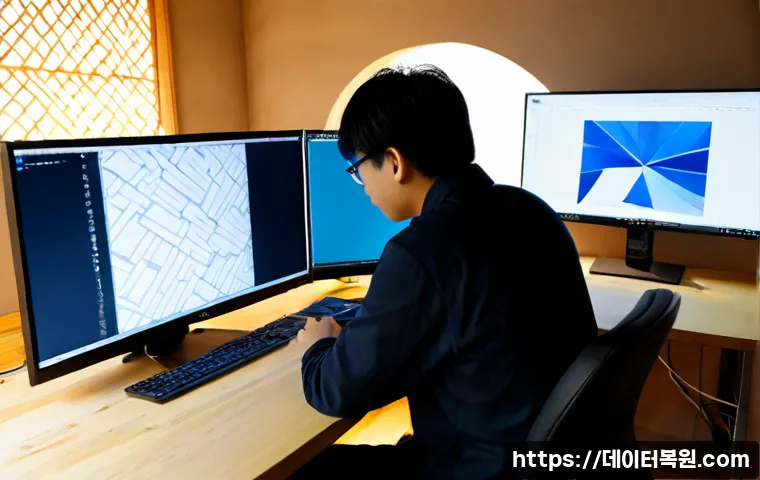 안국동 STATUS_KERNEL_DEVICE_ERROR - Photorealistic desktop workstation in a quiet Anguk-dong design studio, dual monitors showing a blan...