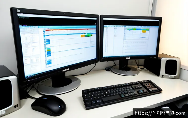 서빙고동 UDFS_FILE_SYSTEM - Photorealistic IT workstation in a quiet Yongsan-area office, dual monitors showing abstract file re...