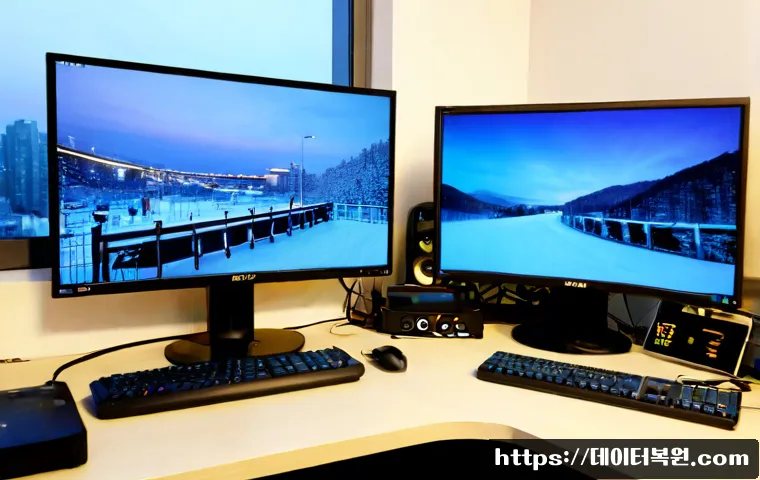 진관동 DRIVER_CAUSED_SYSTEM_CRASH - Photorealistic remote IT support workstation in Jingwan-dong, Seoul, dual monitors showing a frozen ...
