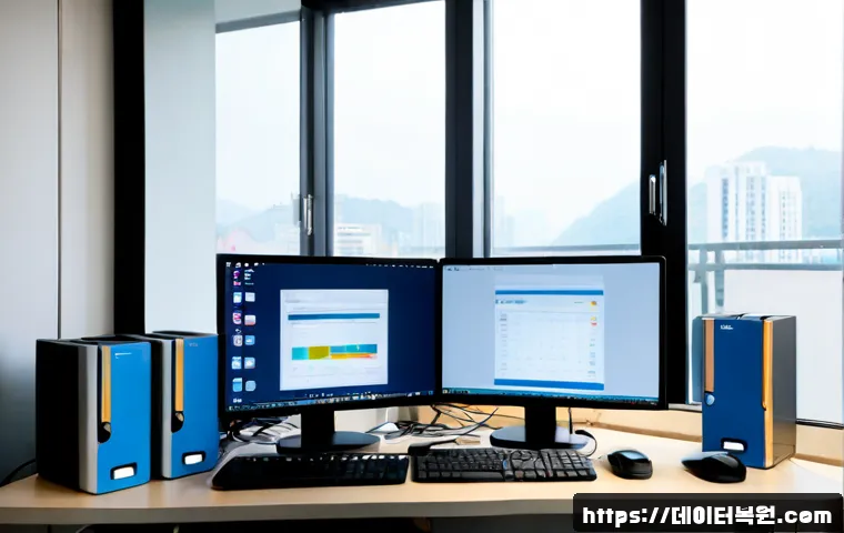 원효로 CDFS_FILE_SYSTEM - Photorealistic IT support workstation in a compact Wonhyo-ro office, dual monitors showing a nonverb...