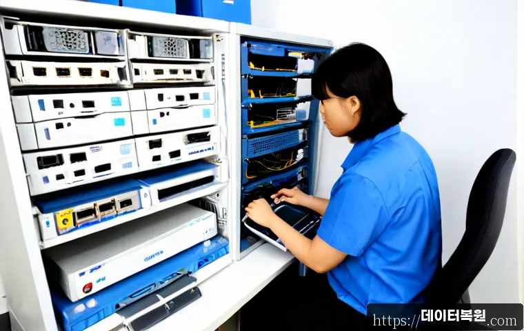 광명시 파일서버출장방문수리점 - Photorealistic on-site file server repair inside a compact Gwangmyeong office, technician connecting...