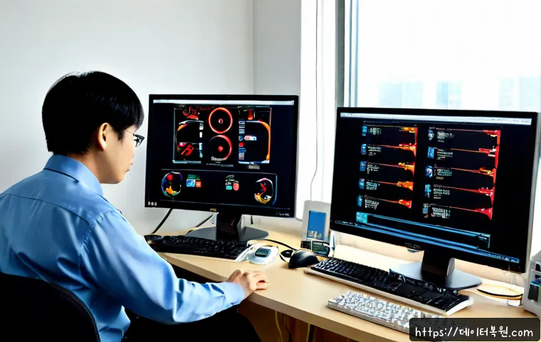 서빙고동 STATUS_KERNEL_STACK_CORRUPTION - Photorealistic IT support workstation in a quiet Yongsan neighborhood office, dual monitors showing ...