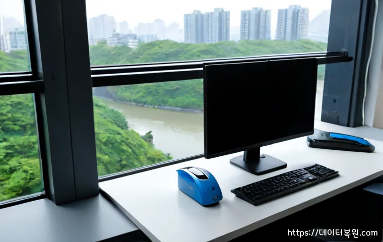 신교동 BAD_POOL_CALLER - Photorealistic remote IT support workstation in a compact riverside Seoul apartment office, dual mon...