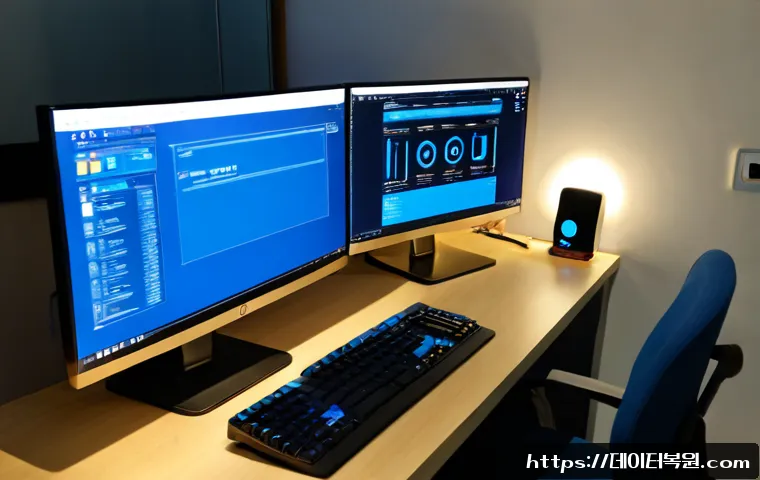 지영동 STATUS_KERNEL_DATA_CORRUPTION - Photorealistic IT support workstation in a compact Jiyeong-dong apartment office, dual monitors show...