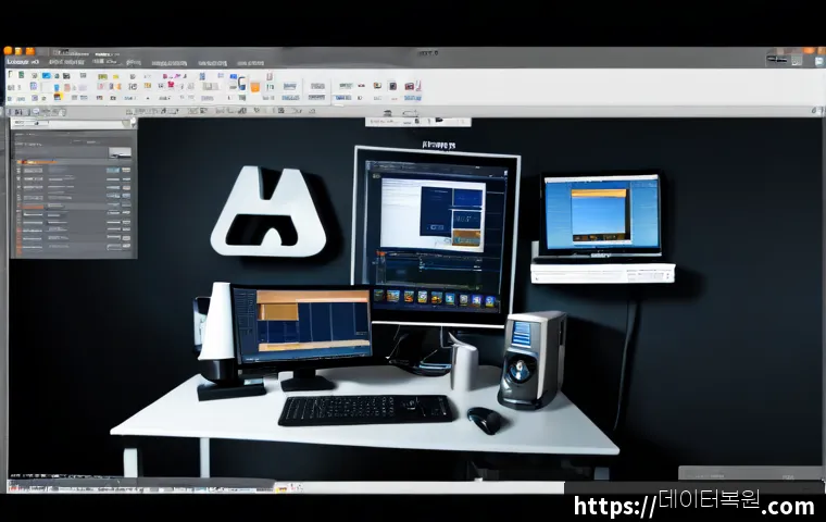 하면 자동복구 - Photorealistic product-design workstation during automatic file recovery, dual monitors showing a co...