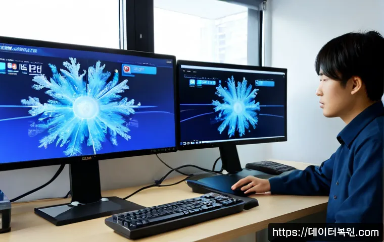 노온사동 VIDEO_TDR_FAILURE - Photorealistic remote-support workstation in a quiet Noonsa-dong apartment office, dual monitors sho...