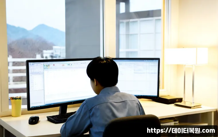 중대동 SOFTWARE_EXCEPTION - Photorealistic software engineer at a dual-monitor workstation in a quiet Jungdaedong apartment offi...