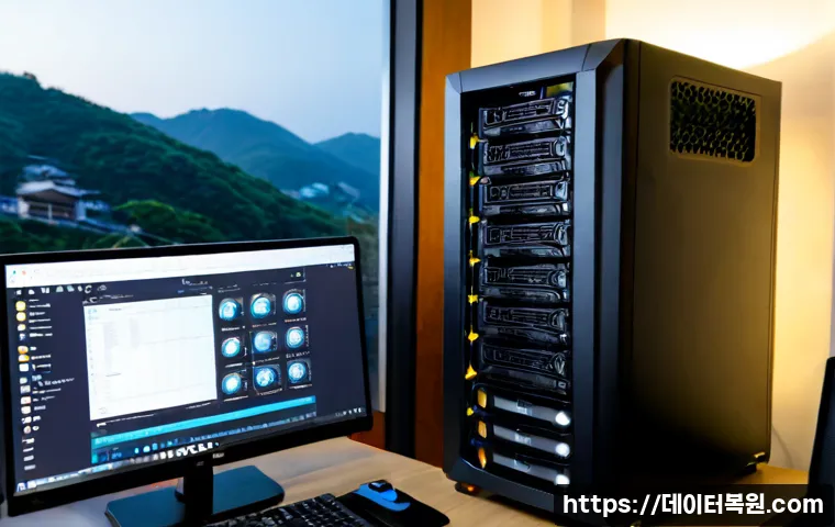 홍파동 해놀로지 xpenology 구축 - Photorealistic compact home-office workstation in Hongpa-dong, a technician assembling a custom NAS ...