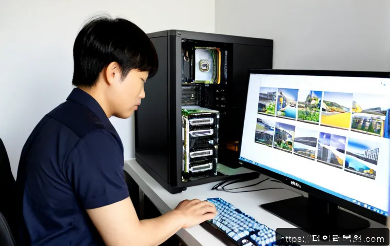 마포동 컴퓨터업그레이드 - Photorealistic computer upgrade workstation in a compact Mapo-dong apartment office, technician inst...