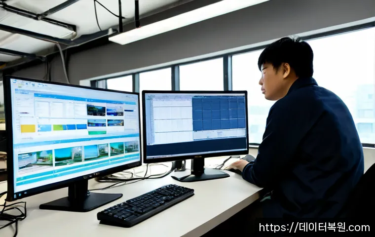 성수동 POOL_HEADER_CORRUPTION - Photorealistic remote-support workstation in Seongsu-dong, dual monitors showing a corrupted softwar...