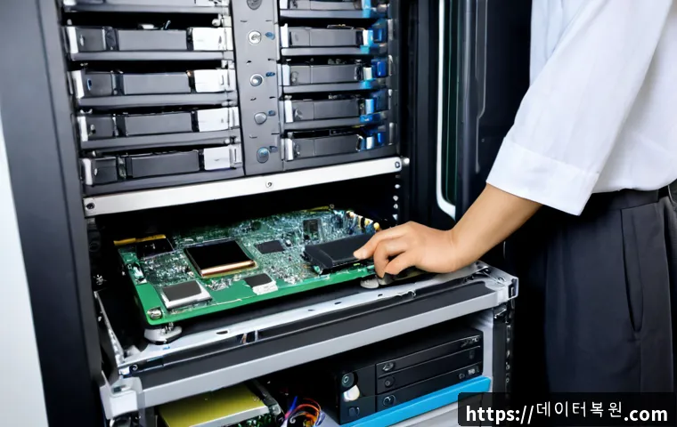 가산동 HDD조립 및 교체수리 - Photorealistic IT repair bench in a compact Gasan-dong digital industrial office, technician careful...
