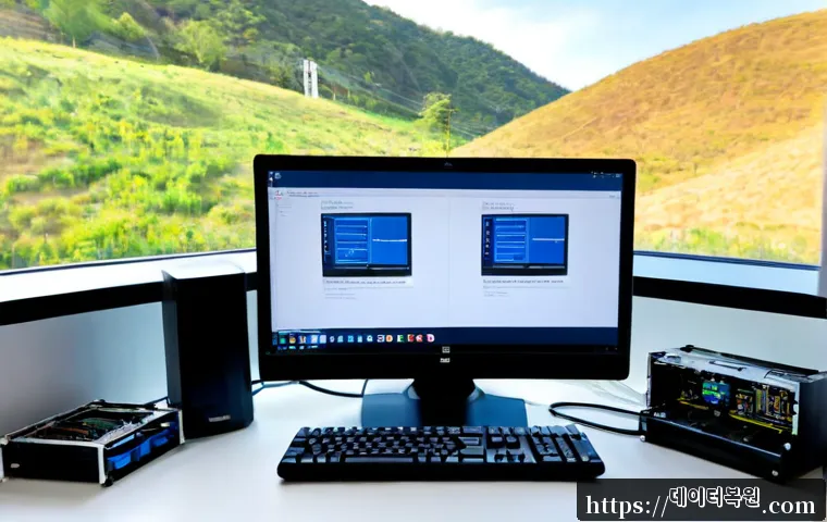 냉천동 공장초기화복구 - Photorealistic remote-support workstation in a compact industrial office near a hillside neighborhoo...