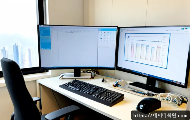 강동구 HARDWARE_INTERRUPT_STORM - Photorealistic IT support workstation in a modern Gangdong apartment office, dual monitors showing a...